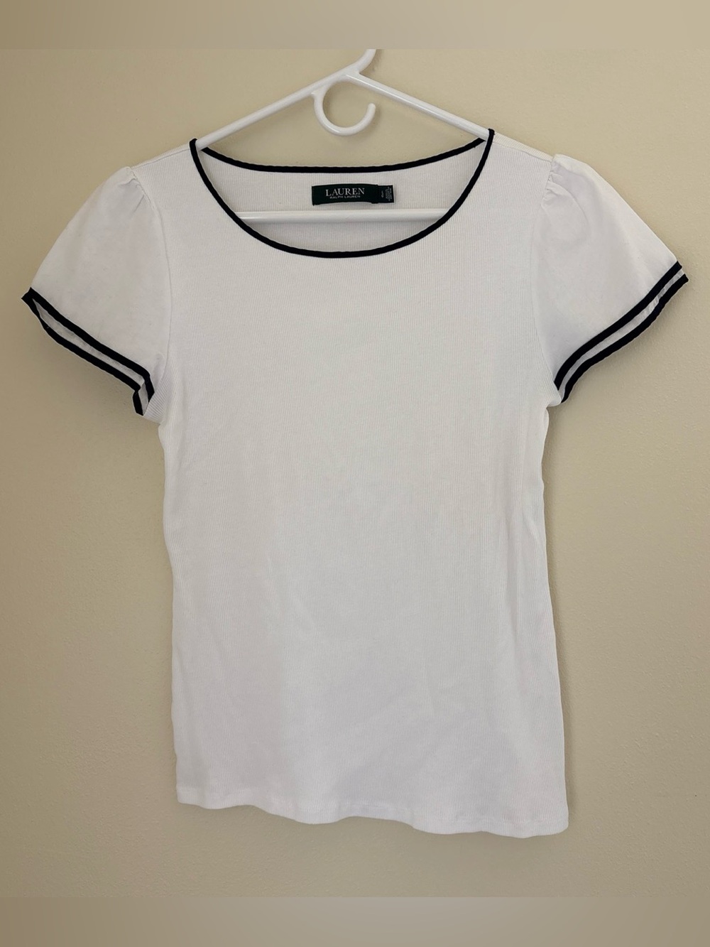 Ralph Lauren White & Navy Short Sleeve Ribbed Tee Size Large Petite
